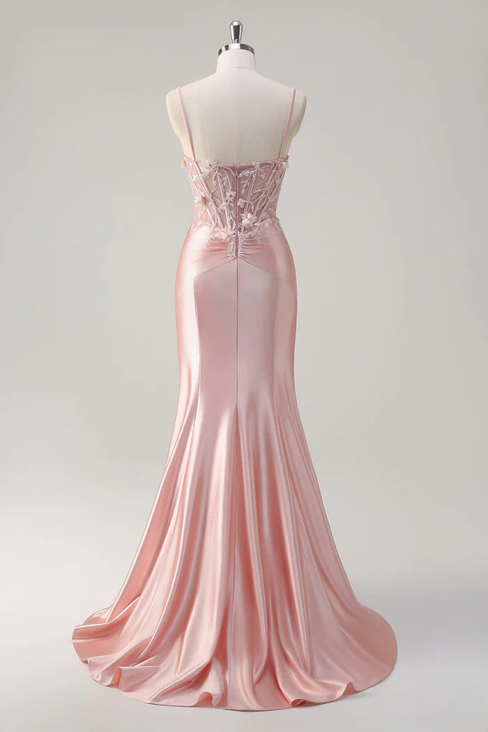 Weitese Dress Pink Floral Mermaid Spaghetti Straps Beaded Maxi Dress Prom Dress Sweep Brush Train Evening Dress